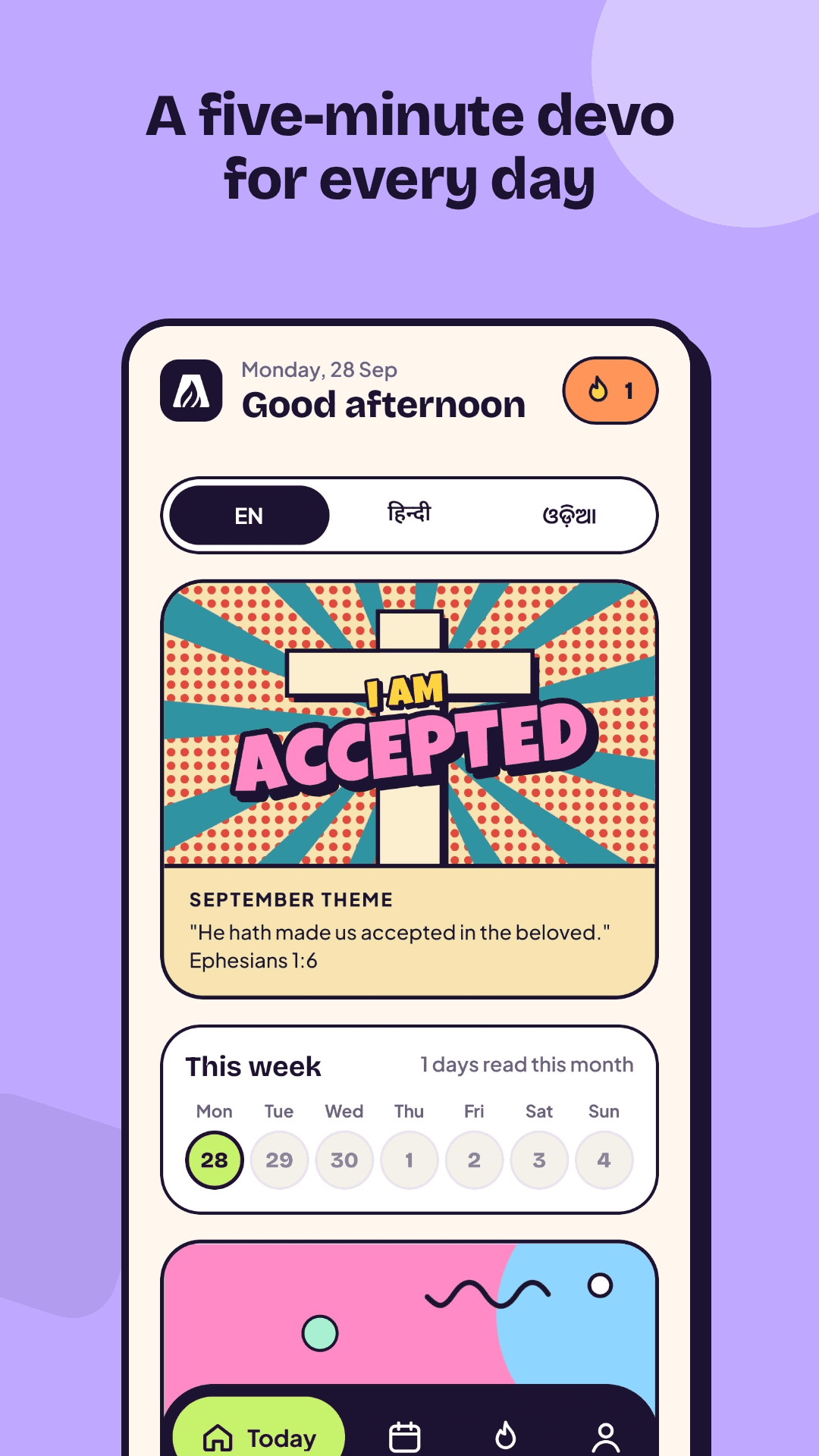 Today screen with the monthly theme poster and this week’s rhythm